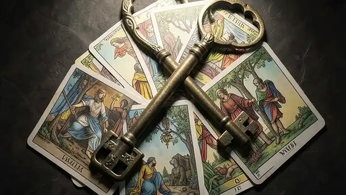 Расклад Ключ Таро: старинный ключ на фоне карт, выложенных в форме ключа для анализа ситуации