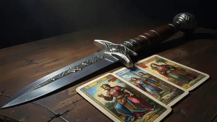 Расклад Меч Таро — схема из семи карт в форме клинка на тёмном столе для анализа конфликтов и решений