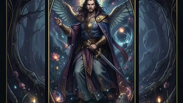 Расклад на энергию месяца: три карты Таро на столе с planner и благовониями, символизирующие планирование и интуицию.