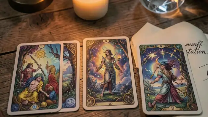 расклад на манифестацию – карты Таро на столе с свечой и блокнотом