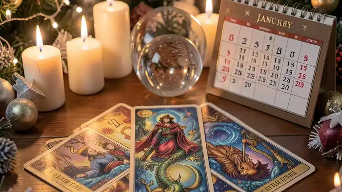 расклад на Новый Год таро – праздничный стол с картами и свечами