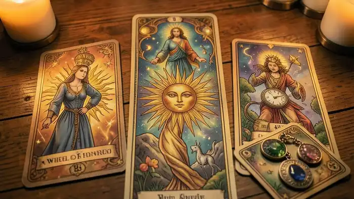 расклад на привлечение удачи — изображение таро расклада с картами Солнце, Колесо Фортуны и Пентакли