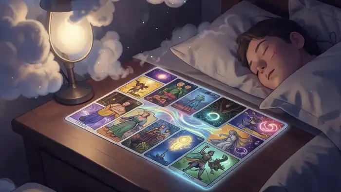 расклад на сновидения — иллюстрация таро расклада рядом со спящим