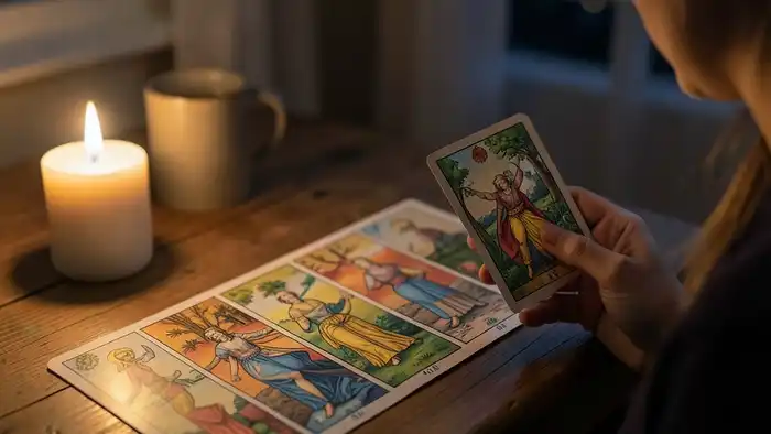 расклад перед сном – ночная сцена с картами Таро и свечой