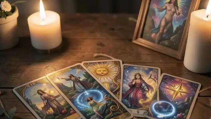 расклад по фотографии — мистический набор карт Таро рядом с светящейся фотографией