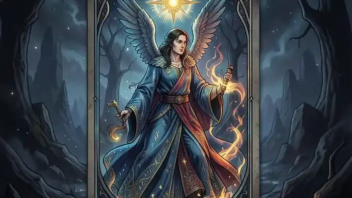 Расклад Таро 12 домов на негативную энергию — символический круг с картами и светящимся кристаллом в центре на тёмном фоне.