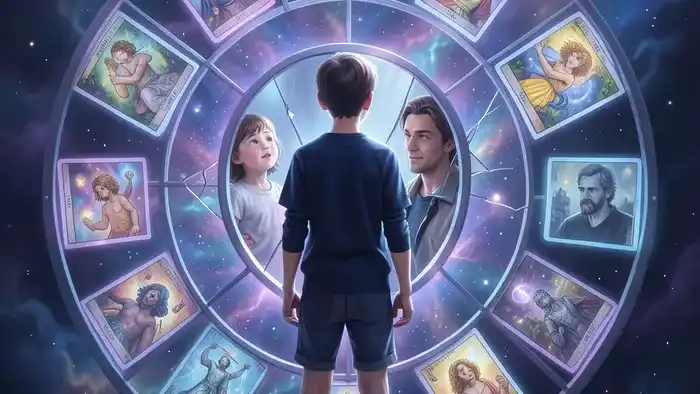 Расклад Таро 12 домов на подростковый кризис: подросток в центре астрологического круга с символами карт Таро, отражающийся в зеркале