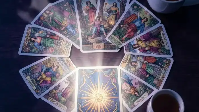 Расклад Таро на 12 карт для работы с паническими атаками — карты выложены кругом, акцент на карте Звезда как символе надежды