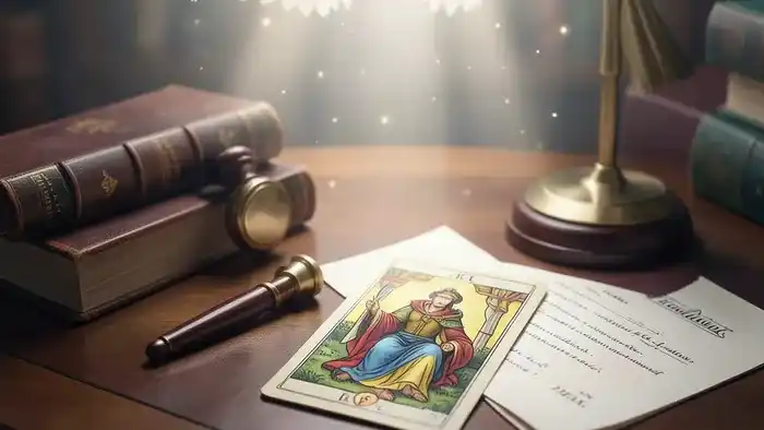 Расклад Таро Ангел-хранитель на нотариуса: карта Справедливость на столе с документами и печатью