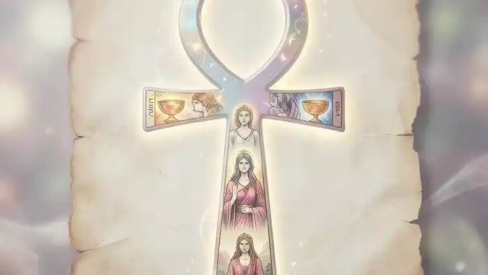 Расклад Таро Анкх на отношения с матерью — схематичное изображение анкха с наложенными символами карт Таро на темном фоне