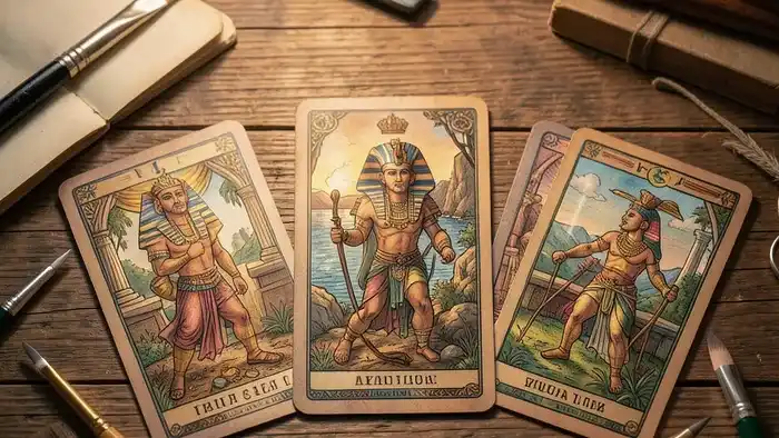 Расклад Таро Анкх для творческого проекта - схема из пяти карт в форме символа жизни на рабочем столе художника