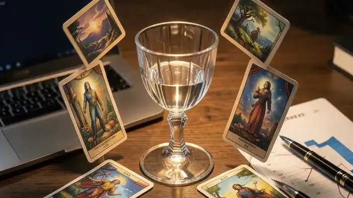 Расклад Таро «Чаша» на бизнес: магический кубок и карты на рабочем столе предпринимателя