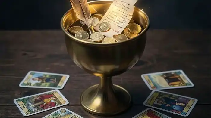 Расклад Таро «Чаша» на контракт: символическая чаша с элементами договора и картами Таро вокруг