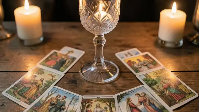 Расклад Таро «чаша» на свадьбу сына, чашка и карты на столе