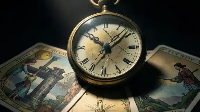 Расклад Таро Часы на банкротство — символическое изображение старинных часов и карт Таро, отражающее анализ финансового кризиса.