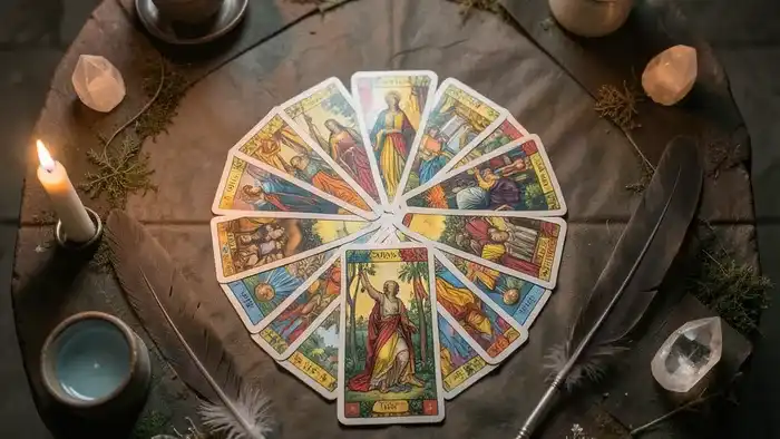 Расклад Таро Четыре стихии на обряд: схема расклада карт на алтаре с символами огня, воды, земли и воздуха.