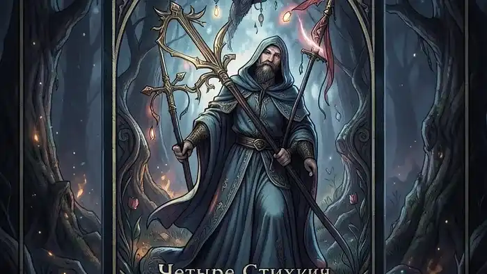 Расклад Таро Четыре Стихии на отчисление: четыре карты на столе рядом с символами стихий и учебными принадлежностями