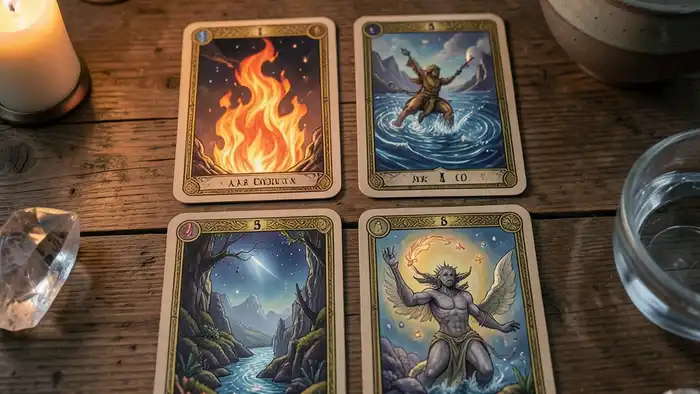 Расклад Таро «четыре стихии» на очищение – визуальная сцена с картами, свечами и кристаллом