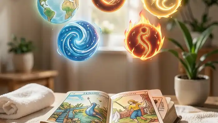 Расклад Та��о четыре стихии на санаторий – изображение символов стихий над колодой