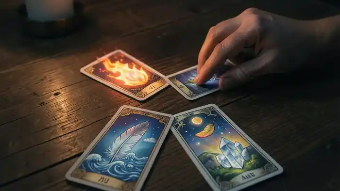 Расклад Таро Четыре стихии на секрет партнера: четыре карты с символами огня, воды, воздуха и земли на темном столе.