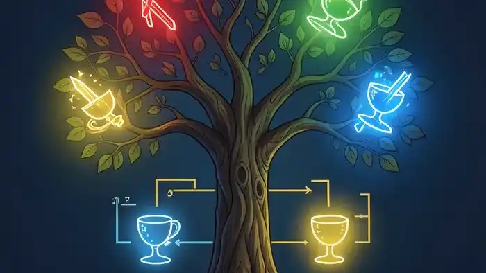 Расклад Таро четыре стихии на семейный бизнес: символическое изображение слияния генеалогического древа и бизнес-схемы с элементами Огня, Земли, Воздуха и Воды