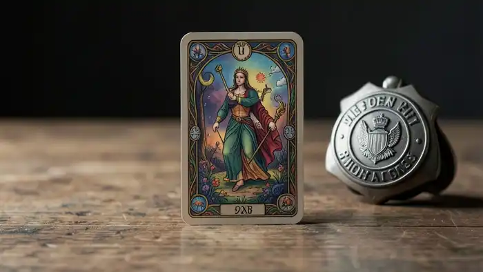 Расклад Таро «да или нет одна карта» на полицию – карта на столе рядом с полицейским значком