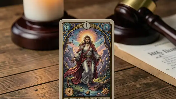 Расклад Таро да или нет одна карта на следствие – карта Таро на столе с юридическими атрибутами
