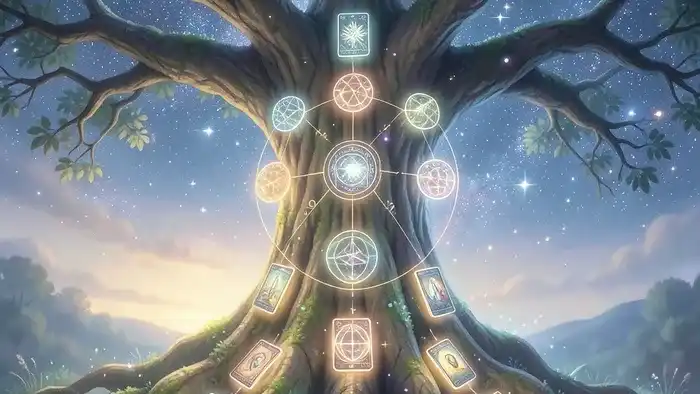 Расклад Таро Дерево Жизни на конфликт — схематичное изображение мистического дерева с картами Таро на стволе и корнях