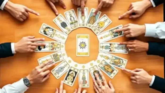 Расклад Таро для команды тимбилдинг: круг карт на столе, окруженный руками участников, символизирующий групповую работу и анализ.