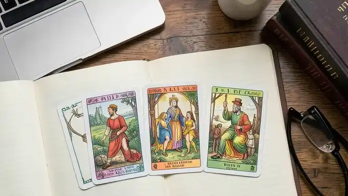 Расклад Таро Домино на научную работу — семь карт, выложенных цепочкой на столе среди книг и ноутбука