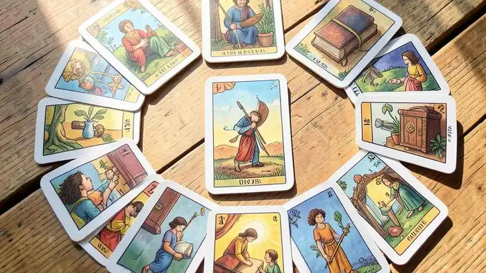 Расклад Таро домино на обучение – изображение расклада с книгами и студентом