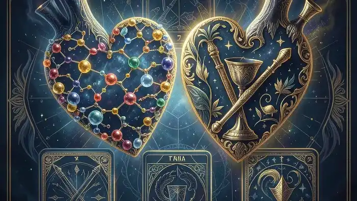 Расклад Таро два сердца на гормоны: схематичное изображение переплетения сердец, символов таро и молекулярных структур