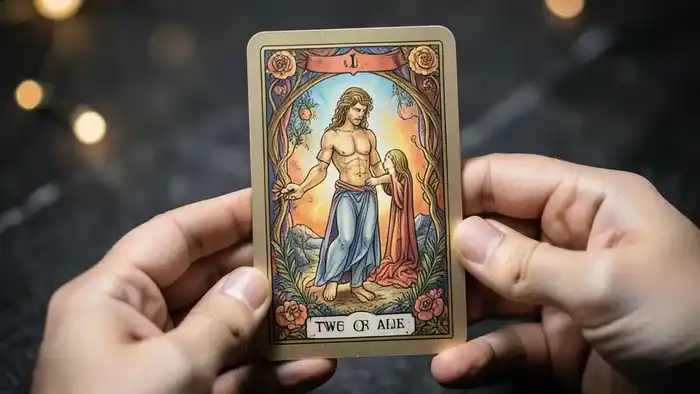 Расклад Таро Два сердца — две руки держат карту Влюбленные, символизируя анализ партнерских отношений