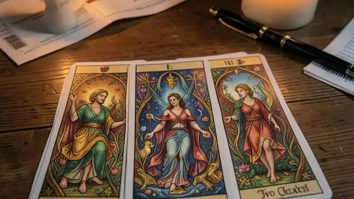 Расклад Таро «два сердца» на страховку – изображение расклада с картами и документами
