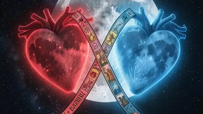 Расклад Таро два сердца на затмение — два сердца и карты на фоне космического затмения