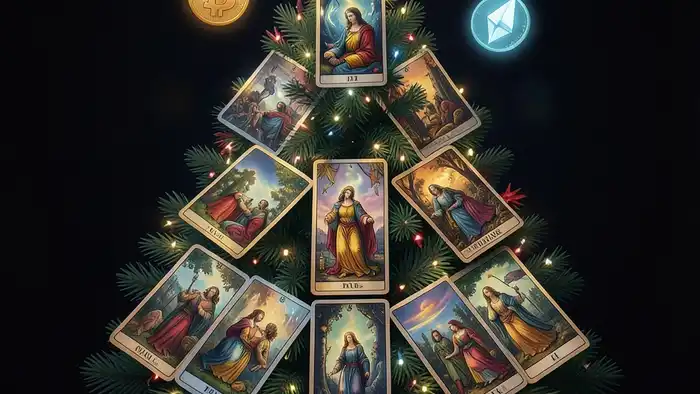 Расклад Таро «елочка» на криптовалюту – визуальная схема с символами биткойна и эфириума