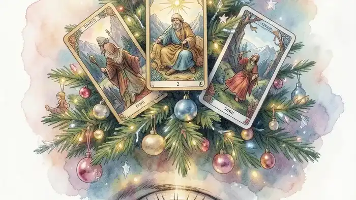 Расклад Таро Елочка на зрение: стилизованное изображение ели с картами Таро вместо игрушек и глазом в основании.