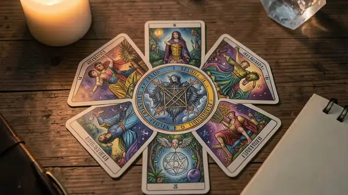 Расклад Таро «гексаграмма» на испытательный срок – визуальная иллюстрация