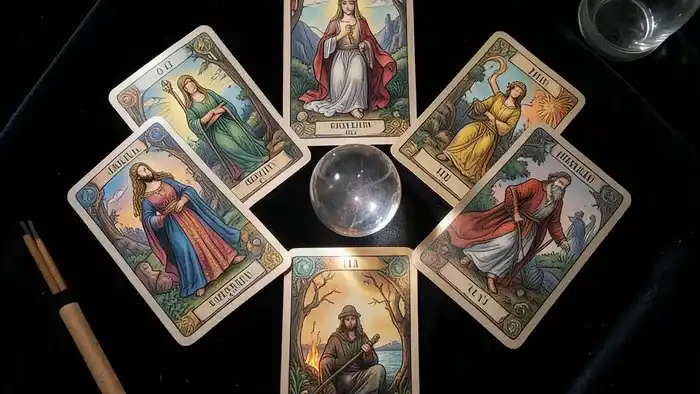 Расклад Таро гексаграмма на тайну — шесть карт, выложенных в форме шестиугольника на тёмной ткани.
