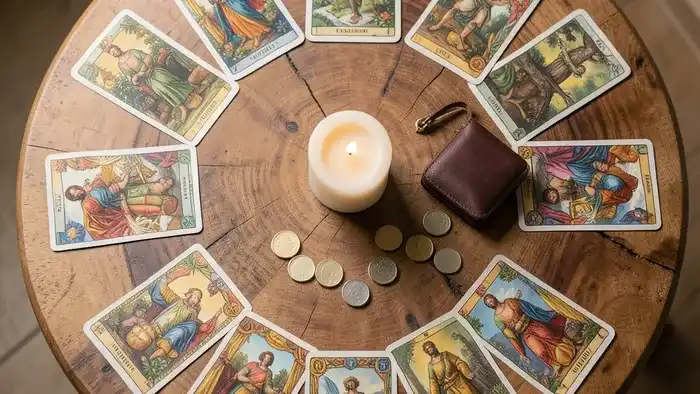 Расклад Таро годовой на 12 месяцев на благосостояние: схема круга из карт на деревянном столе