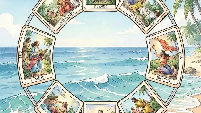 Расклад Таро годовой на 12 месяцев на отпуск – карта в круге, пляжный фон