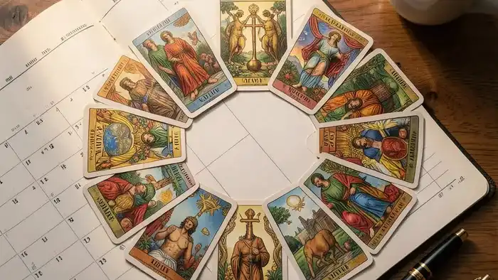 Расклад Таро годовой на 12 месяцев на зарплату: круг карт на фоне календаря и графика доходов