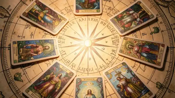 Расклад Таро Хоровод на путешествие: карты, выложенные по кругу на старинной карте мира