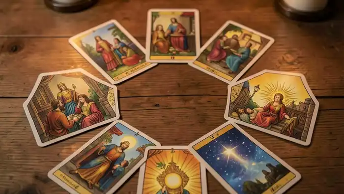 Расклад Таро хоровод на семейный бизнес, круг карт на столе