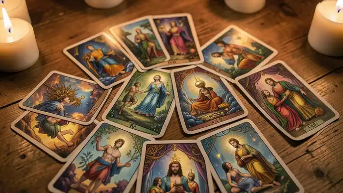расклад Таро и гештальт изображение расклада с картами и свечами