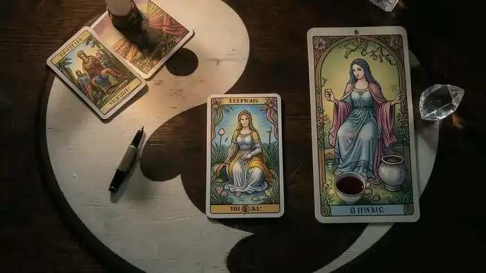 Расклад Таро Инь-Ян на конфликт на работе: схематичное изображение расклада карт на столе, символизирующее баланс и анализ ситуации.