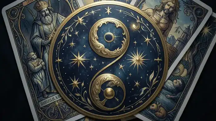 Расклад Таро Инь-Ян на воссоединение: символ инь-ян и карты Таро на темном фоне