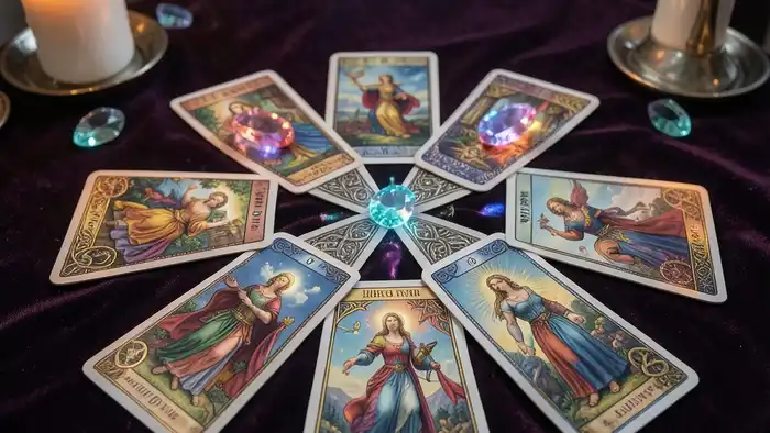 Расклад Таро кельтский крест на драгоценностях с сияющими камнями