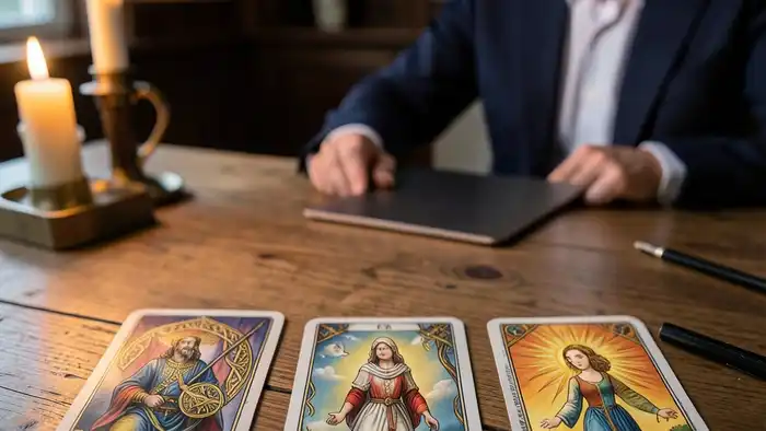 Расклад Таро кельтский крест на найм сотрудника, карта Король Пентаклей, Шут, Солнце