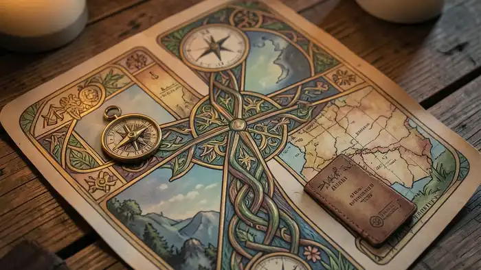 Расклад Таро кельтский крест на путешествие, карта с компасом и паспортом